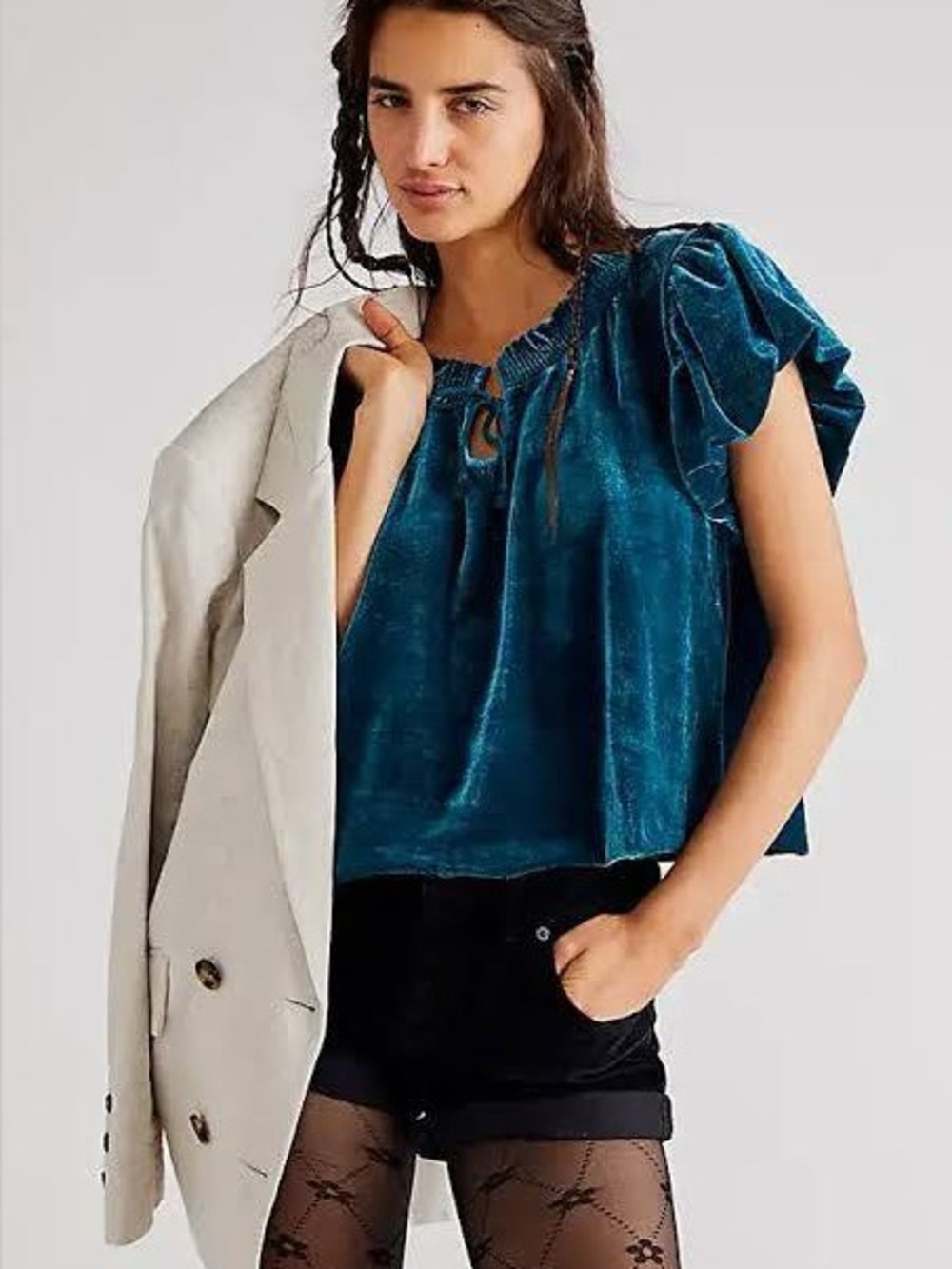 NWOT Free People Terese Teal Velvet Blouse Top - Sz Small SOLD OUT